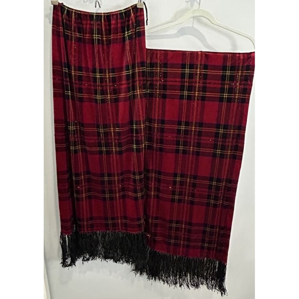 Ronnie Nicole Quida Vintage Red Velvet Plaid Maxi Skirt and Wrap Fringe Beads S